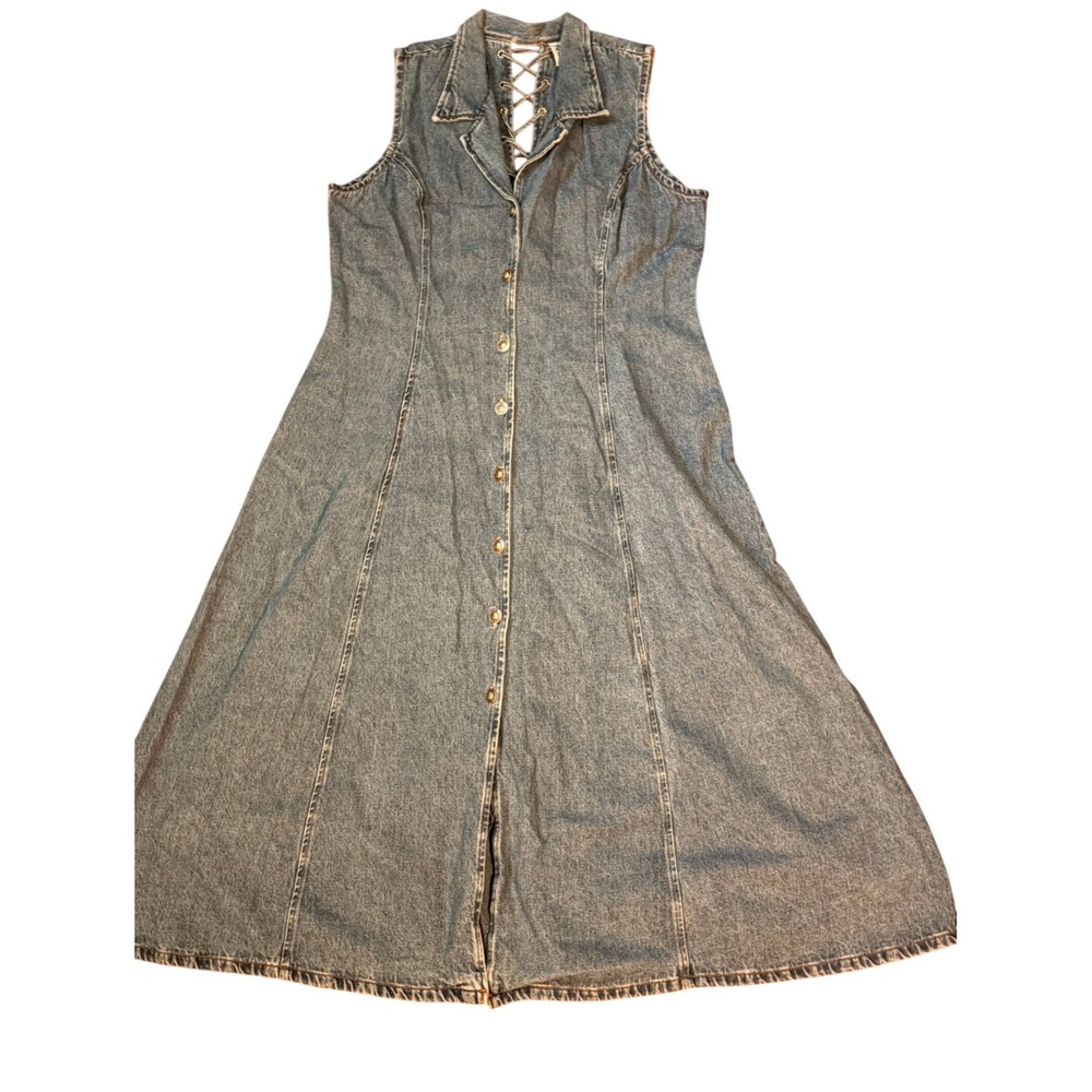 BIG TIME Womens Denim Maxi Dress Lace Up Back Vest Style Vestido XL